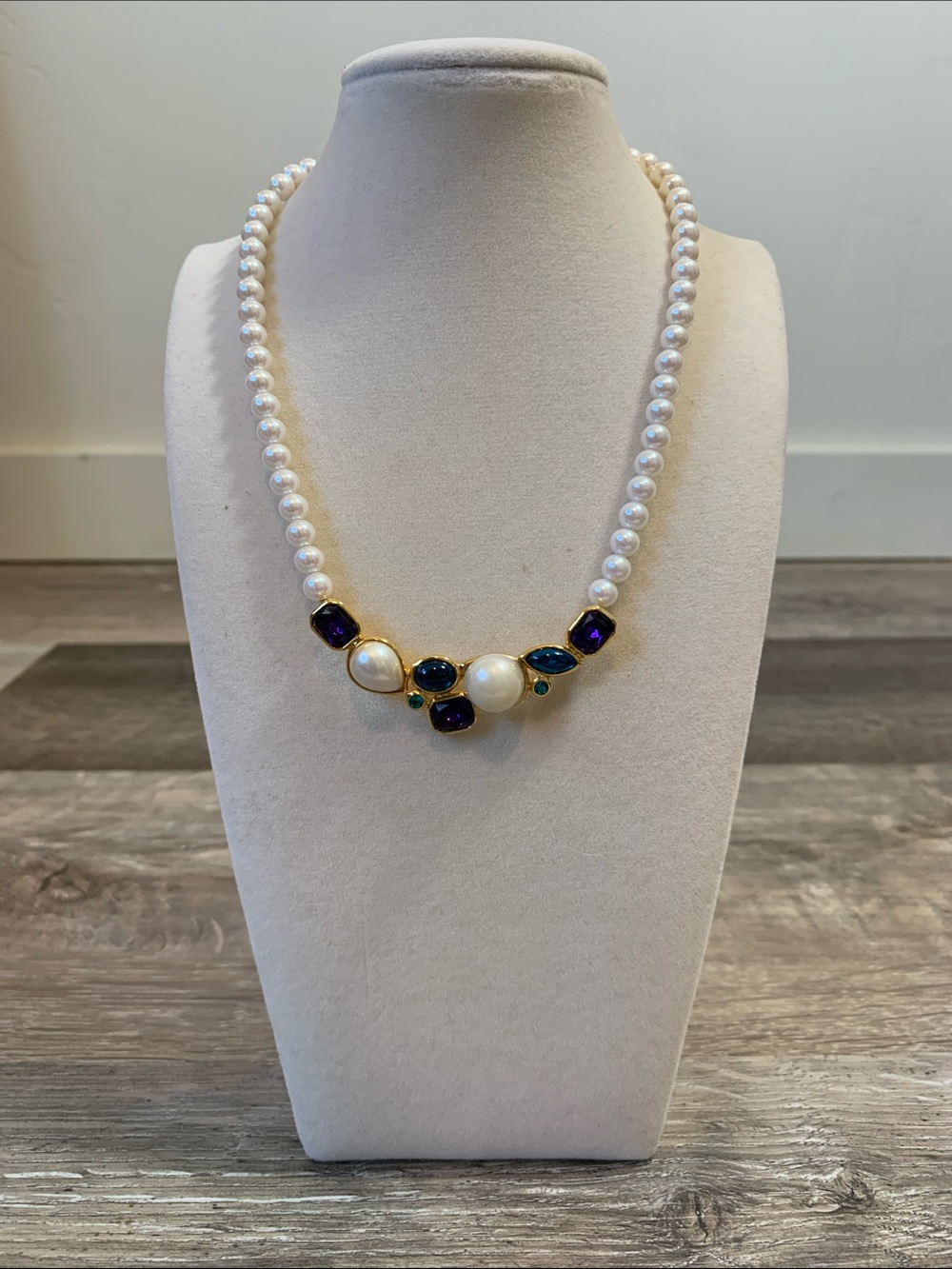 Trifari White Faux Pearl Necklace with Blue and Purple Stone Accents